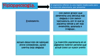 Fisiopatología. El segmento inferior es una región inadecuada para
la inserción placentaria, por presentar
Endometrio.
con menor grosor que
determina una decidua más
delgada y con menor
vasculatura, por lo que la
placenta tiende a ser más
extendida, aplanada e
irregular,
escaso desarrollo de tabiques
entre cotiledones. pared
uterina (más delgada)
La inserción placentaria en el
segmento inferior permite que
actué como un tumor previo
 