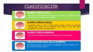 CLASIFICACIÓN
PLACENTA PREVIA TOTAL
• El orificio cervicouterino interno está cubierto por completo por la
placenta, aún con dilatación avanzada.
PLACENTA PREVIA PARCIAL
• La placenta cubre el orificio cervical interno cuando el cuello se encuentra
cerrado, pero cuando hay una dilatación igual o mayor a 3 cm sólo cubre
parcialmente el orificio cervical interno.
PLACENTA PREVIA MARGINAL
• El borde de la placenta está en el margen del orificio interno.
IMPLANTACIÓN BAJA DE LA PLACENTA
El borde placentario se encuentra en el segmento inferior a menos 8 cm.
del orificio cervical interno.
 