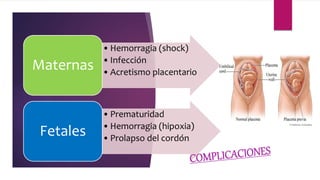 •Hemorragia (shock)
•Infección
•Acretismo placentario
Maternas
•Prematuridad
•Hemorragia (hipoxia)
•Prolapso del cordón
Fetales
 