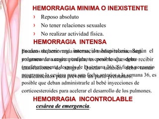 › Reposo absoluto
› No tener relaciones sexuales
› No realizar actividad física.
pueden requerir una internación hospitalaria. Según el
volumen de sangre perdida, es posible que deba recibir
transfusiones de sangre. Quizás también deba tomar
medicamentos para prevenir un parto prematuro.
En casos de hemorragia intensa, el médico recomendará
programar una cesárea tan pronto como resulte seguro
(preferentemente después de la semana 36). Si fuera necesario
programar la cesárea para una fecha anterior a la semana 36, es
posible que deban administrarle al bebé inyecciones de
corticoesteroides para acelerar el desarrollo de los pulmones.
cesárea de emergencia.
 