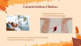 Características Clínicas
Sangrado Indoloro También
Llamado Centinela de Sangre
Varía de leve a profuso, y puede simular clínicamente
el desprendimiento de la placenta.
 