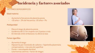 Incidencia y factores asociados
FACTORES DEMOGRÁFICOS
Edad materna
- Aumenta la frecuencia de placenta previa
- <35 años = .5% de frecuencia, >35 años = 1%
Multiparidad
- Eleva el riesgo de placenta previa
- Incidencia del 2.2 en mujeres con 5 partos o más
- El intervalo entre embarazos no afecta la tasa
Fumar cigarrillos
- Aumenta el riesgo
- Hipoxemia por monóxido de carbono = hipertrofia placentaria
compensatoria = mas area de superficie
- Fumar = vasculopatia decidual
- Leiomiomas uterinos = factor de riesgos
 