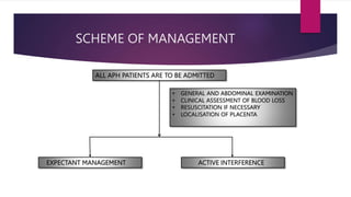 SCHEME OF MANAGEMENT
ALL APH PATIENTS ARE TO BE ADMITTED
EXPECTANT MANAGEMENT ACTIVE INTERFERENCE
• GENERAL AND ABDOMINAL EXAMINATION
• CLINICAL ASSESSMENT OF BLOOD LOSS
• RESUSCITATION IF NECESSARY
• LOCALISATION OF PLACENTA
 