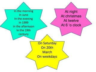 In the morning
In June
In the evening
In 1999
In the afternoon
In the 19th
century
At night
At christmas
At twelve
At 6 ‘o clock
On Saturday
On 20th
March
On weekdays
 