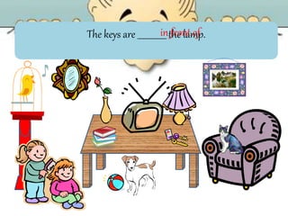 The keys are ______________ the lamp.in front of
 