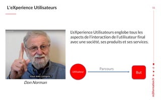 L'eXperience Utilisateurs 11
L'eXperience Utilisateurs englobe tous les
aspects de l'interaction de l'utilisateur final
av...