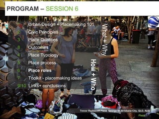 Trevor Reddacliff Place, George St, Brisbane City, QLD, AUS
PROGRAM – SESSION 6
1 Urban Design + Placemaking 101
2 Civic Principles
3 Place Qualities
8 Outcomes
4 Place Typology
5 Place process
6 Place roles
7 Toolkit - placemaking ideas
9/10 Links+ conclusions
What+Why
How+Who
 