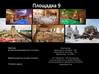 Ориентир Партизанская Количество посадочных мест ( по залам ) Банкетный зал «Галерея» – 200  Банкетный зал «Хохлома»  - 250 Царский двор – до 2 000 к  Минимальный счет на одного человека От 1 500 рублей + 10% обслуживание Алкоголь Свой, налог на пробку 30 рублей с бутылки российского производителя, 60 рублей Стоимость аренды 5 000 рублей в час 