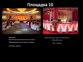 Ориентир Новые Черемушки, Проспект Вернадского Количество посадочных мест ( по залам )   100 до 400 персон  Минимальный счет на одного человека 5000 – 6000 руб Стоимость аренды 