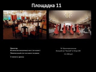Ориентир М. Краснопресненская Количество посадочных мест ( по залам ) большой зал "Русский" от 50 до 240  Минимальный счет на одного человека От 2000 руб Стоимость аренды 