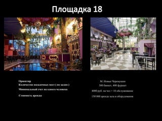 Ориентир М. Новые Черемушки Количество посадочных мест ( по залам ) 300 банкет, 400 фуршет Минимальный счет на одного человека 4000 руб. на чел + 10 обслуживание  Стоимость аренды 150 000 аренда зала и оборудования  