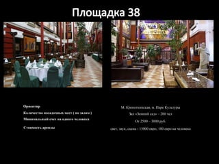 Ориентир М. Кропоткинская, м. Парк Культуры Количество посадочных мест ( по залам ) Зал «Зимний сад» – 200 чел Минимальный счет на одного человека От 2500 – 3000 руб. Стоимость аренды свет, звук, сцена - 15000 евро, 100 евро на человека 