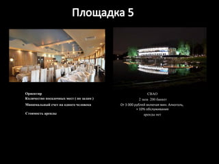 Ориентир СВАО Количество посадочных мест ( по залам ) 2 зала  200 банкет Минимальный счет на одного человека От 3 000 рублей включая мин. Алкоголь,  + 10% обслуживания Стоимость аренды аренды нет 