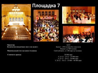 Ориентир ЦАО Количество посадочных мест ( по залам ) Банкет – 250 человек без танц-пола Фуршет до 500 человек Минимальный счет на одного человека Свой кейтринг, от 100 евро на человека  Стоимость аренды 20 000 евро С 15.12 – 23.12 – 25 000 евро С 23.12 – 28.12 – 30   000 евро  С 28.12 – 30.12 – 35 000 – 40 000 евро 