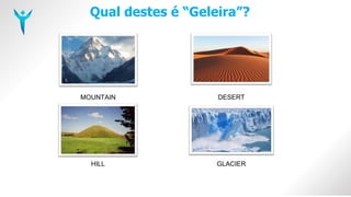 Qual destes é “Geleira”?
GLACIER
HILL
MOUNTAIN DESERT
 