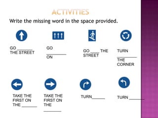 Write the missing word in the space provided.




GO _______      GO
THE STREET      _________     GO ____ THE   TURN
                ON            STREET        _________
                                            THE
                                            CORNER




 TAKE THE      TAKE THE      TURN______     TURN _______
 FIRST ON      FIRST ON
 THE _______   THE
               ________
 