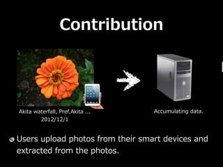 Contribution




Akita ?waterfall, ?Pref.Akita ?... ?    Accumulating ?data.
         2012/12/1


Users ?upload ?photos ?from ?their ?smart ?devices ?and ?
extracted ?from ?the ?photos. ?
 