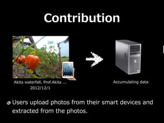 Contribution




Akita ?waterfall, ?Pref.Akita ?... ?    Accumulating ?data.
         2012/12/1


Users ?upload ?photos ?from ?their ?smart ?devices ?and ?
extracted ?from ?the ?photos. ?
 