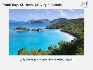 Trunk Bay, St. John, US Virgin Islands




          ...this bay was my favorite snorkeling beach!
 