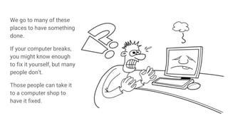 We go to many of these
places to have something
done.
If your computer breaks,
you might know enough
to fix it yourself, but many
people don’t.
Those people can take it
to a computer shop to
have it fixed.
 