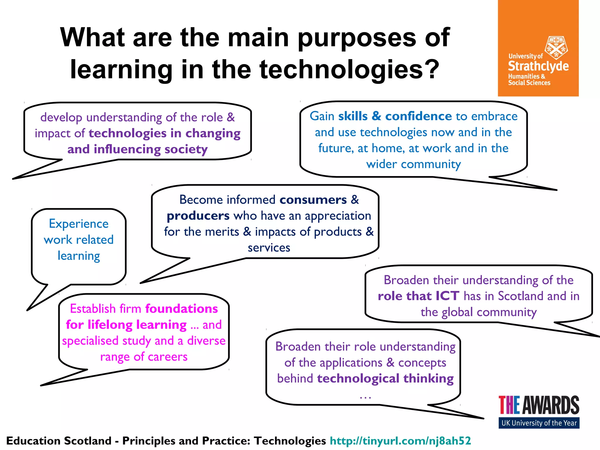 What are the main purposes of
learning in the technologies?
develop understanding of the role &
impact of technologies in changing
and influencing society

Experience
work related
learning

Gain skills & confidence to embrace
and use technologies now and in the
future, at home, at work and in the
wider community

Become informed consumers &
producers who have an appreciation
for the merits & impacts of products &
services

Establish firm foundations
for lifelong learning ... and
specialised study and a diverse
range of careers

Broaden their understanding of the
role that ICT has in Scotland and in
the global community
Broaden their role understanding
of the applications & concepts
behind technological thinking
…

Education Scotland - Principles and Practice: Technologies http://tinyurl.com/nj8ah52

 
