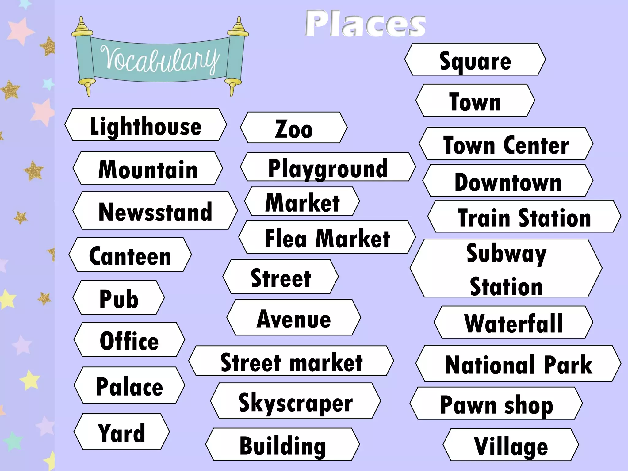 Places
Mountain
Lighthouse
Newsstand
Canteen
Zoo
Pub
Flea Market
Palace
Office
Playground
Square
Street
National Park
Building
Yard
Market
Skyscraper
Avenue
Street market
Town
Town Center
Downtown
Train Station
Subway
Station
Waterfall
Pawn shop
Village
