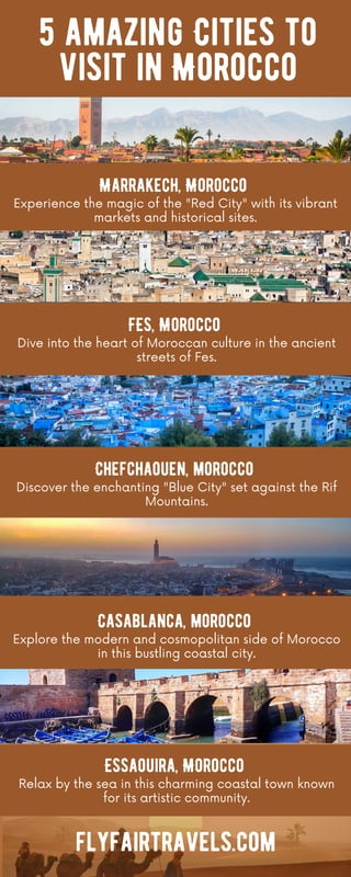 5 amazing Cities to
visit in Morocco
FES, Morocco
Dive into the heart of Moroccan culture in the ancient
streets of Fes.
flyfairtravels.com
Chefchaouen, morocco
Discover the enchanting "Blue City" set against the Rif
Mountains.
Casablanca, morocco
Explore the modern and cosmopolitan side of Morocco
in this bustling coastal city.
Marrakech, Morocco
Experience the magic of the "Red City" with its vibrant
markets and historical sites.
Essaouira, Morocco
Relax by the sea in this charming coastal town known
for its artistic community.
 