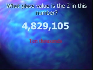 What place value is the 2 in this number? 4,829,105 Ten thousands 
