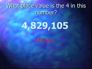 What place value is the 4 in this number? 4,829,105 Millions 