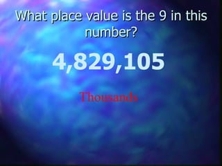 What place value is the 9 in this number? 4,829,105 Thousands 