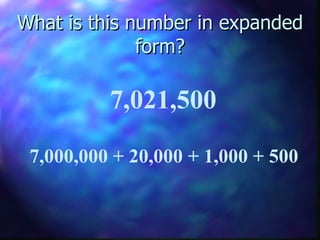 What is this number in expanded form? 7,021,500 7,000,000 + 20,000 + 1,000 + 500 