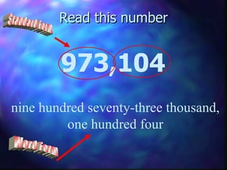 Read this number 973,104 nine hundred seventy-three thousand,  one hundred four Standard Form Word Form 