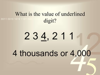 42
1
0011 0010 1010 1101 0001 0100 1011
What is the value of underlined
digit?
2 3 4, 2 1 1
4 thousands or 4,000
 