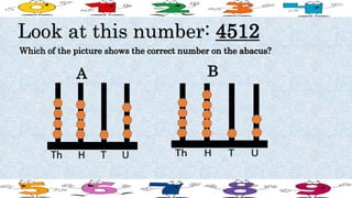 Look at this number: 4512
Which of the picture shows the correct number on the abacus?
A B
 