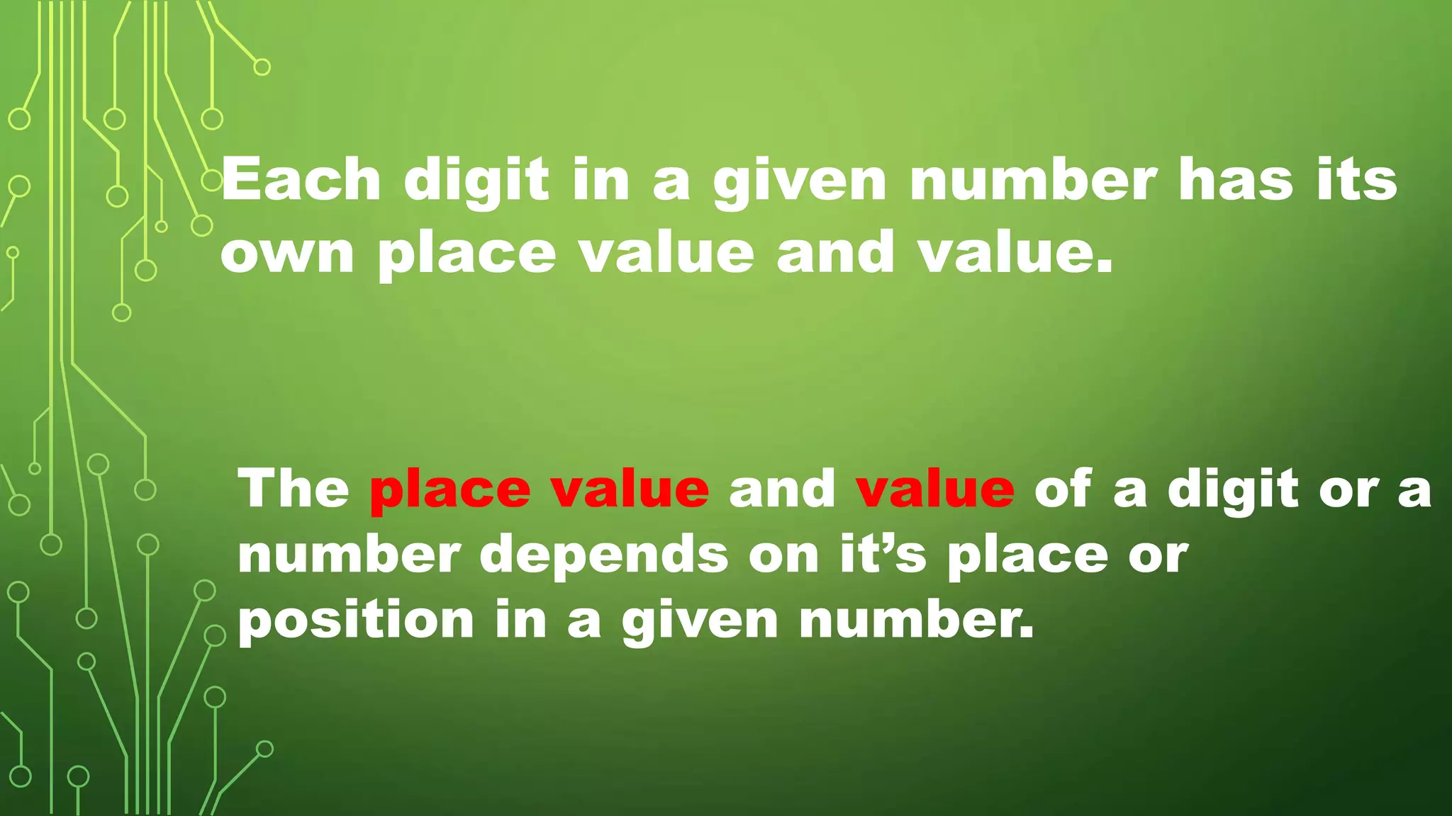 Each digit in a given number has its
own place value and value.
The place value and value of a digit or a
number depends on it’s place or
position in a given number.