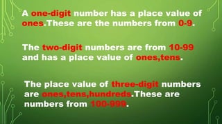 A one-digit number has a place value of
ones.These are the numbers from 0-9.
The two-digit numbers are from 10-99
and has a place value of ones,tens.
The place value of three-digit numbers
are ones,tens,hundreds.These are
numbers from 100-999.
 