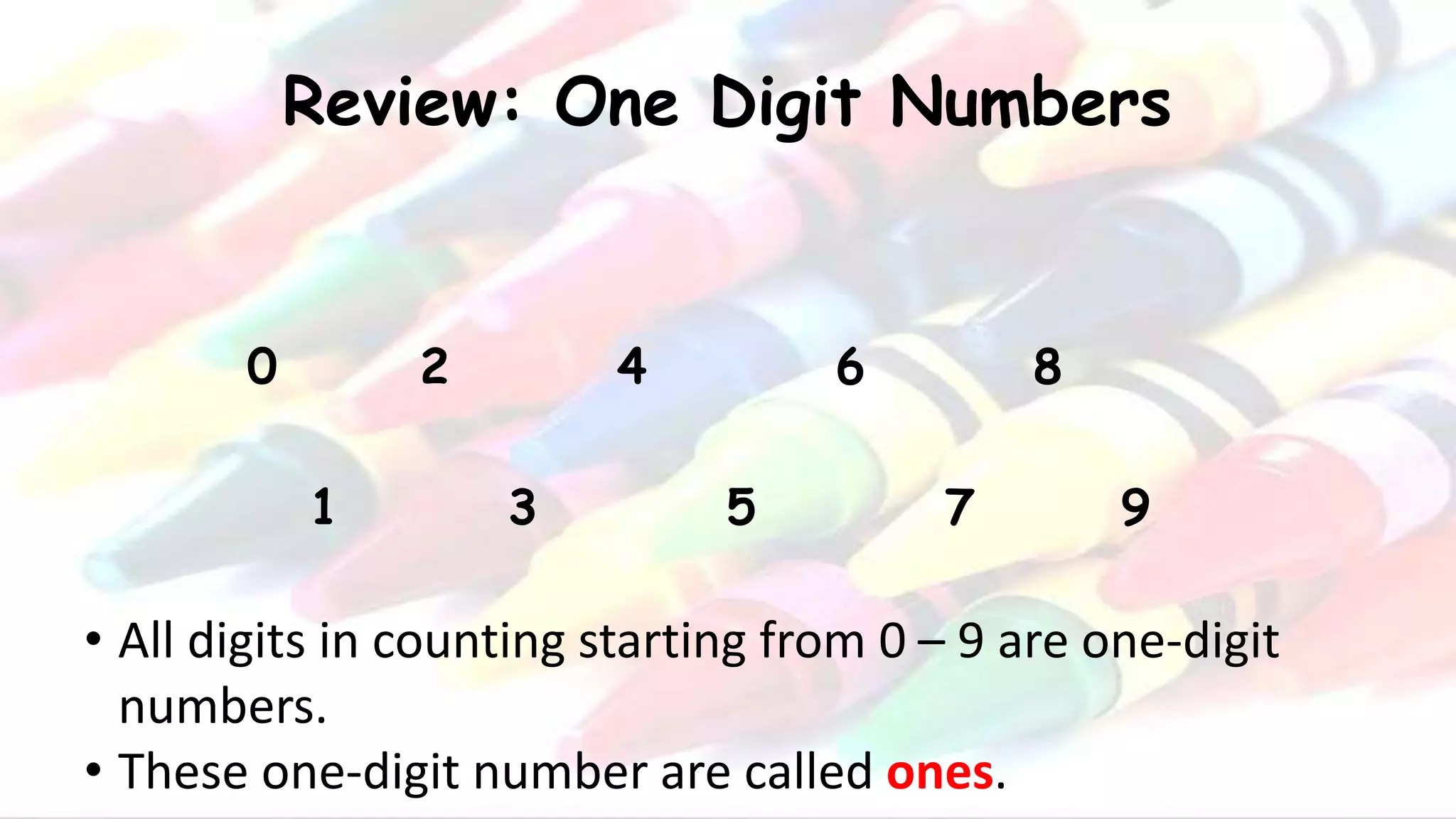 Review: One Digit Numbers
0 2 4 6 8
1 3 5 7 9
• All digits in counting starting from 0 – 9 are one-digit
numbers.
• These one-digit number are called ones.