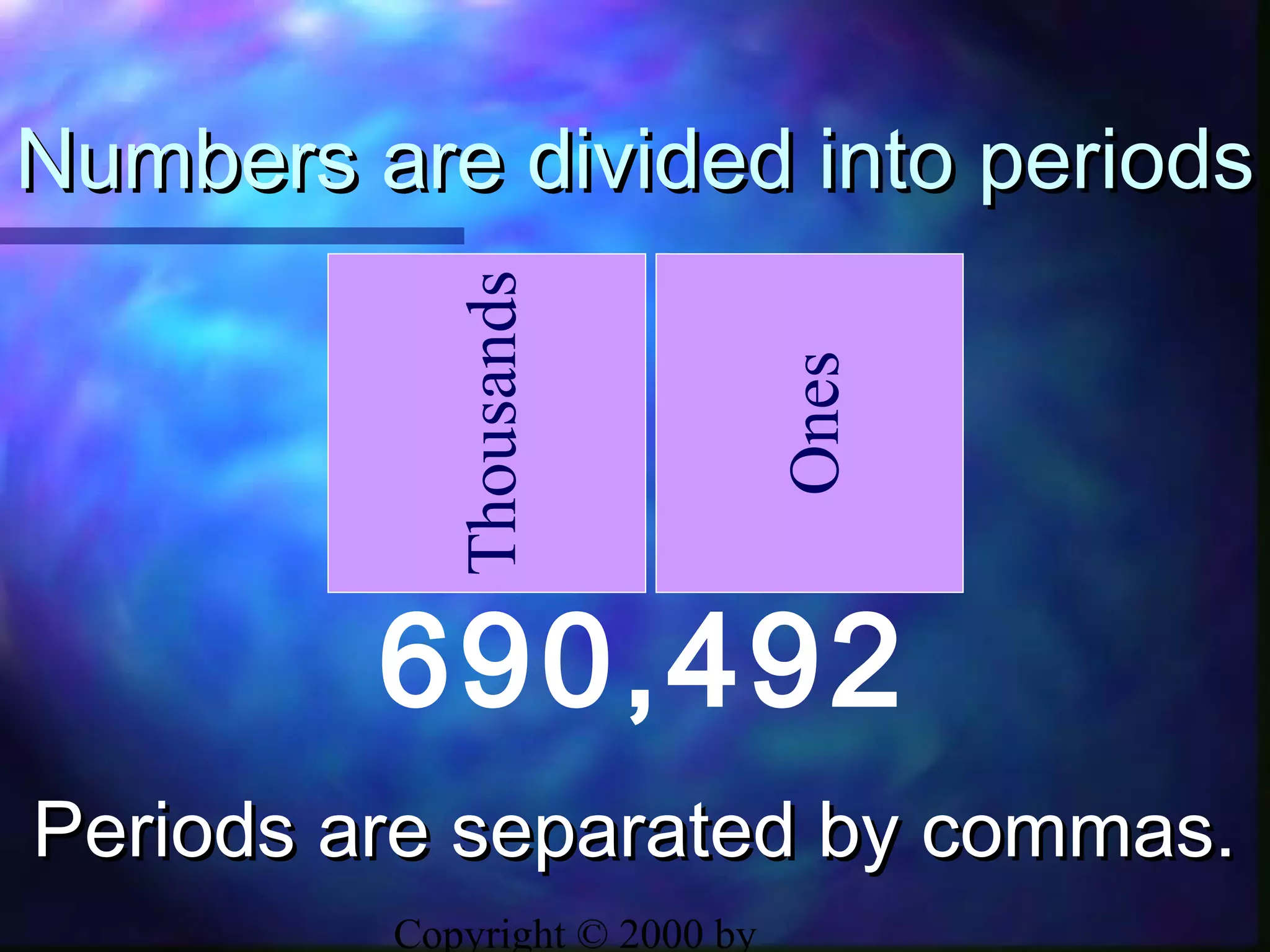 Copyright © 2000 by
Numbers are divided into periodsNumbers are divided into periods
690,492
Thousands
OnesPeriods are separated by commas.Periods are separated by commas.
 