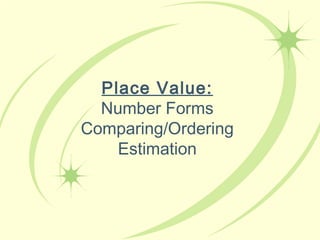 Place Value:
Number Forms
Comparing/Ordering
Estimation
 