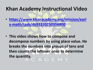 Khan Academy Instructional Video
• https://www.khanacademy.org/mission/earl
y-math/task/4693330250956800
• This video shows how to compose and
decompose numbers by using place value. He
breaks the numbers into groups of tens and
then counts the leftover ones to determine
the quantity.
 