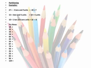 • Partitioning
• Examples:
•
• 27 = 2 tens and 7units = 20 + 7
•
• 15 = 1ten and 5 units = 10 + 5 units
•
• 10 = 1 ten and zero units = 10 + 0
•
• Try these:
• 18 =
• 22 =
• 34 =
• 58 =
• 60 =
• 44 =
• 56 =
• 87 =
• 79 =
• 94 =
• 26 =
• 33 =
• 83 =
• 96 =
• 124 =
 