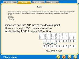 Tutorial


   The average number of passengers who use a certain airport each year is 350 thousand. A newspaper reported the
   number as 350 million. The number reported in the newspaper was how many times the actual number?
   (A) 10
   (B) 100
   (C) 1,000
   (D) 10,000



 Since we see that 103 moves the decimal point
 three spots right, 350 thousand must be
 multiplied by 1,000 to equal 350 million.




                                                                                                   THOUSANDS


                                                                                                               THOUSANDS

                                                                                                                           THOUSANDS


                                                                                                                                       HUNDREDS
                                                                                                   HUNDRED
                                                                 HUNDRED
                                                                 MILLIONS


                                                                             MILLIONS

                                                                                        MILLIONS
                                                      POSITION
                                                      NAME




                                                                                                                                                         ONES
                                                                                                                                                  TENS
                                                                             TEN




                                                                                                               TEN
                                                                                                     3          5               0        0          0    0

                                                                  3            5          0          0          0               0        0          0    0

                                                                            10X10X10 = 1,000


Place Value
 