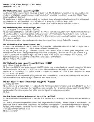 Lessons (Place Values through 999,999) 8 days
Standards: 3-2.2, 3-2.12

EQ: What are the place values through 100?
AS: Discuss that every number is made up of digits from 0-9. All digits in numbers have a place value. Ask
students what place values they can recall. Teach the “Hundreds, Tens, Ones” song. (Use “Place Value
Chart and Song” flipchart)
TS: Model how to find the value of underlined numbers. Show a hundreds chart and practice writing and
reading numbers with hundreds chart. Introduce the terms standard form, word form.
SS: Students use marsh mellows and fruit loops to practice place value through the hundreds.

EQ: What are the place values through 1,000?
AS: Ask students to recall the base 10 blocks.
TS: Compass 20236 (Place Value Blocks) View the “Place Value Introduction Story” flipchart. Distribute base
10 blocks and have students practice making numbers with their blocks. Have students make numbers
different ways with the base 10 blocks. Explain the difference between naming the place value and giving
the value of a place.
SS: Students complete place value problems on the promethean board. Collect for a grade.

EQ: What are the place values through 1,000?
AS: Introduce lesson with riddles. (Ex. I am a 3 digit number. I used to be the number 346, but if you switch
the numbers in my 1’s and 10’s place, you know what number I am.)
TS: Play the game “Go, go, go.” The class is divided into 2 teams. Each student is given a digit card (0-9).
On the floor are Place Cards (ones through thousands or beyond). Teacher will call out a number (e.g.,
2,369) Students with the correct digit card rush to stand in the proper place to show their number. The
team that correctly creates the number first earns a point for the team.
SS: Play “I Have, Who Has?”

EQ: What are the place values through 10,000 and 100,000?
AS: 5 minute check (pg. 28A in TE)
TS: Compass 3B007 (Place value through 100,000) Model how to identify place values through the 100,000’s
and how to write the value of a digit in a number. Have students make a place value chart. Call out
Mystery #’s. Call out digits and places (I have a three in my ones place…) Practice reading numbers. How
much is each digit worth?
SS: Students work with a partner writing numbers with an underlined place value. Partners write the place
value and then write what the digit is worth on their white boards.

EQ: How do you read and write numbers through the 100,000’s?
AS: Compass 3B001
TS: Model how to lump numbers to read and write them in standard form and word form. Students use their
number word lists to make sure they spell the words correctly. They practice writing words in standard form
and standard form in words on their white boards. Have them play concentration
SS: Quiz

EQ: How do you read and write numbers through the 100,000’s?
AS: Brainstorm with the students all of the places in the real world where you would see numbers written as
words.
TS: Offer to buy something from a student for a large amount of money. Write a check to that student. On
projector, look at what a real check looks like. What do they observe? Discuss the importance of learning
to read/write numbers. Tell them it is now their turn to go shopping. I have a lot for sale! Model check
writing again then let them shop!
SS: Concentration
 