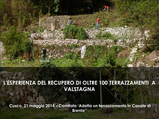 L'ESPERIENZA DEL RECUPERO DI OLTRE 100 TERRAZZAMENTI A
VALSTAGNA
Cusco, 21 maggio 2014 – Comitato ‘Adotta un terrazzamento in Canale di
Brenta’’
 