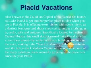 Placid Vacations
Also known as the Caladium Capital of the World, the histori
cal Lake Placid is yet another perfect place to visit when you
are in Florida. It is offering every visitor with scenic views an
d distinct boutiques and shops showcasing unique clothing, ar
ts, crafts, gifts and antiques. Specifically located in the South
Central Florida, this small district named Lake Placid now ha
s over forty murals that embellish every building structure in
the town, making it the "Town of Murals". Lake Placid besto
wed the title as the Caladium Capital of the World because of
the many caladium plants naturally growing in the place ever
since the year 1940s.
 