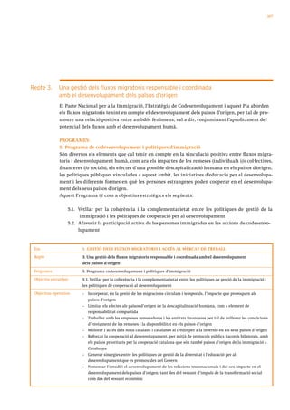 107




Repte 3.      Una gestió dels fluxos migratoris responsable i coordinada
              amb el desenvolupament dels països d’origen
              El Pacte Nacional per a la Immigració, l’Estratègia de Codesenvolupament i aquest Pla aborden
              els fluxos migratoris tenint en compte el desenvolupament dels països d’origen, per tal de pro-
              moure una relació positiva entre ambdós fenòmens; val a dir, conjuminant l’aprofitament del
              potencial dels fluxos amb el desenvolupament humà.

              PROGRAMES:
              5. Programa de codesenvolupament i polítiques d’immigració
              Són diversos els elements que cal tenir en compte en la vinculació positiva entre fluxos migra-
              toris i desenvolupament humà, com ara els impactes de les remeses (individuals i/o col·lectives,
              financeres i/o socials), els efectes d’una possible descapitalització humana en els països d’origen,
              les polítiques públiques vinculades a aquest àmbit, les iniciatives d’educació per al desenvolupa-
              ment i les diferents formes en què les persones estrangeres poden cooperar en el desenvolupa-
              ment dels seus països d’origen.
              Aquest Programa té com a objectius estratègics els següents:

                   5.1. Vetllar per la coherència i la complementarietat entre les polítiques de gestió de la
                         immigració i les polítiques de cooperació per al desenvolupament
                   5.2. Afavorir la participació activa de les persones immigrades en les accions de codesenvo-
                        lupament


 Eix                     1. GESTIÓ DELS FLUXOS MIGRATORIS I ACCÉS AL MERCAT DE TREBALL
 Repte                   3. Una gestió dels fluxos migratoris responsable i coordinada amb el desenvolupament
                         dels països d’origen
 Programa                5. Programa codesenvolupament i polítiques d’immigració
 Objectiu estratègic     5.1. Vetllar per la coherència i la complementarietat entre les polítiques de gestió de la immigració i
                         les polítiques de cooperació al desenvolupament
 Objectius operatius     •   Incorporar, en la gestió de les migracions circulars i temporals, l’impacte que provoquen als
                             països d’origen
                         •   Limitar els efectes als països d’origen de la descapitalització humana, com a element de
                             responsabilitat compartida
                         •   Treballar amb les empreses remesadores i les entitats financeres per tal de millorar les condicions
                             d’enviament de les remeses i la disponibilitat en els països d’origen
                         •   Millorar l’accés dels nous catalans i catalanes al crèdit per a la inversió en els seus països d’origen
                         •   Reforçar la cooperació al desenvolupament, per mitjà de protocols públics i acords bilaterals, amb
                             els països prioritaris per la cooperació catalana que són també països d’origen de la immigració a
                             Catalunya
                         •   Generar sinergies entre les polítiques de gestió de la diversitat i l’educació per al
                             desenvolupament que es promou des del Govern
                         •   Fomentar l’estudi i el desenvolupament de les relacions transnacionals i del seu impacte en el
                             desenvolupament dels països d’origen, tant des del vessant d’impuls de la transformació social
                             com des del vessant econòmic
 