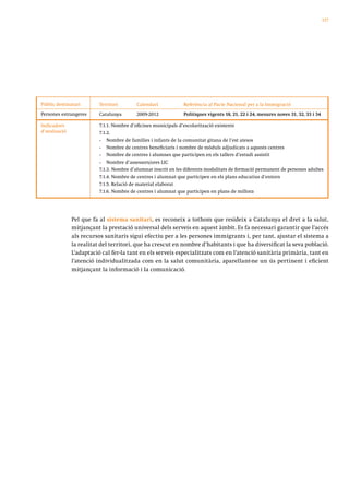 117




Públic destinatari       Territori       Calendari             Referència al Pacte Nacional per a la Immigració
Persones estrangeres     Catalunya       2009-2012             Polítiques vigents 18, 21, 22 i 24, mesures noves 31, 32, 33 i 34

Indicadors               7.1.1. Nombre d’oficines municipals d’escolarització existents
d’avaluació              7.1.2.
                         •   Nombre de famílies i infants de la comunitat gitana de l’est atesos
                         •   Nombre de centres beneficiaris i nombre de mòduls adjudicats a aquests centres
                         •   Nombre de centres i alumnes que participen en els tallers d’estudi assistit
                         •   Nombre d’assessors/ores LIC
                         7.1.3. Nombre d’alumnat inscrit en les diferents modalitats de formació permanent de persones adultes
                         7.1.4. Nombre de centres i alumnat que participen en els plans educatius d’entorn
                         7.1.5. Relació de material elaborat
                         7.1.6. Nombre de centres i alumnat que participen en plans de millora




              Pel que fa al sistema sanitari, es reconeix a tothom que resideix a Catalunya el dret a la salut,
              mitjançant la prestació universal dels serveis en aquest àmbit. Es fa necessari garantir que l’accés
              als recursos sanitaris sigui efectiu per a les persones immigrants i, per tant, ajustar el sistema a
              la realitat del territori, que ha crescut en nombre d’habitants i que ha diversificat la seva població.
              L’adaptació cal fer-la tant en els serveis especialitzats com en l’atenció sanitària primària, tant en
              l’atenció individualitzada com en la salut comunitària, aparellant-ne un ús pertinent i eficient
              mitjançant la informació i la comunicació.
 