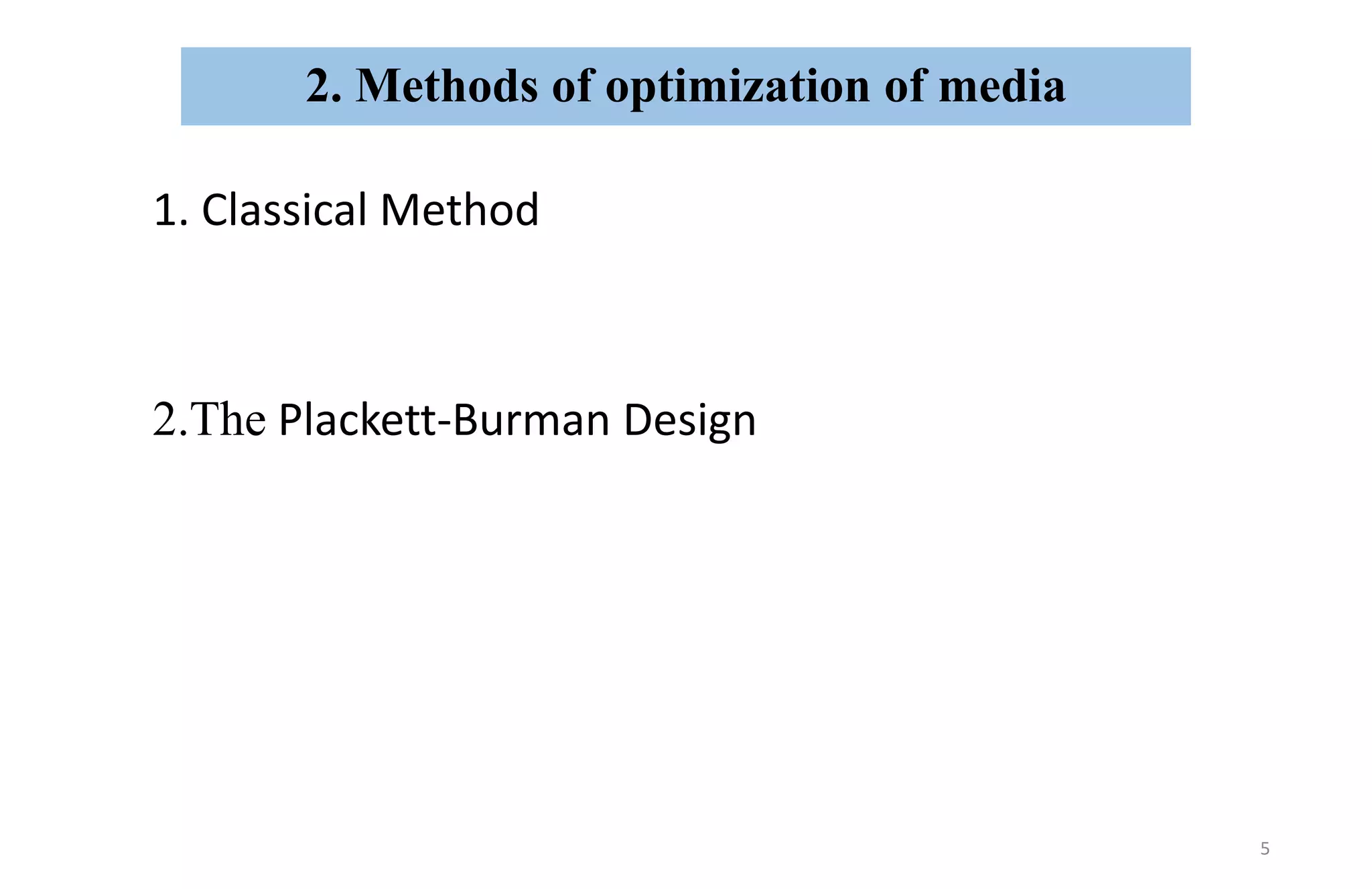 2. Methods of optimization of media
1. Classical Method
2.The Plackett-Burman Design
5
 