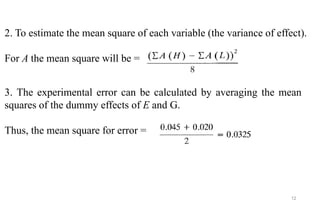 12
2. To estimate the mean square of each variable (the variance of effect).
For A the mean square will be =
3. The experimental error can be calculated by averaging the mean
squares of the dummy effects of E and G.
Thus, the mean square for error =
 