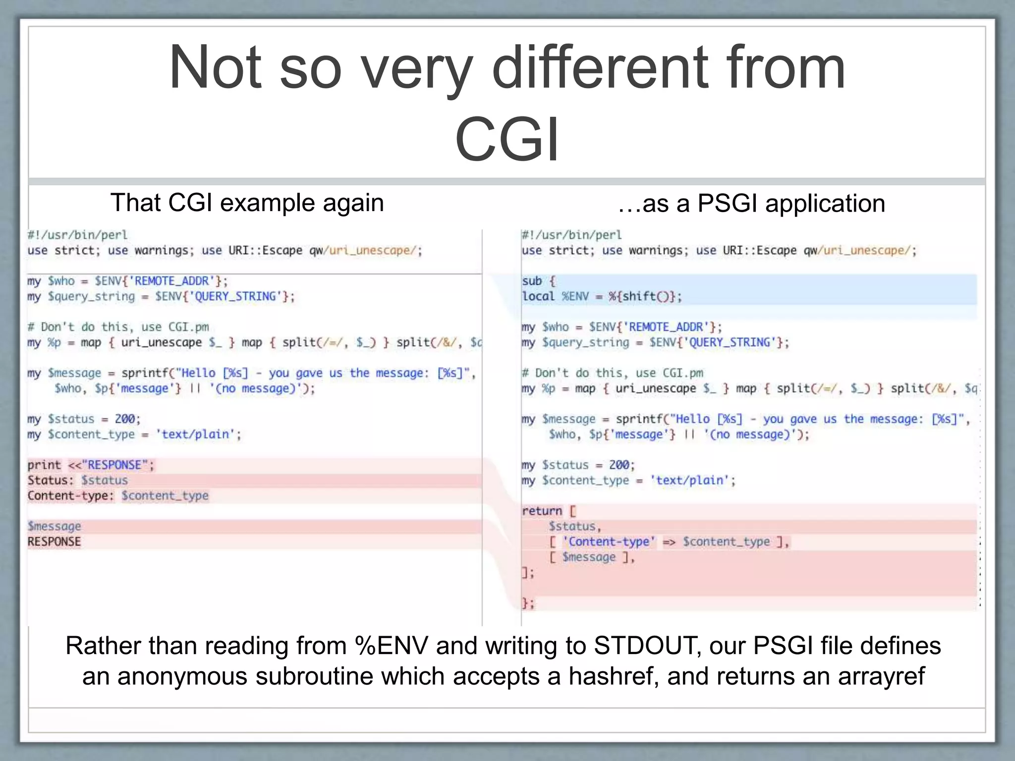 Not so very different from
CGI
Rather than reading from %ENV and writing to STDOUT, our PSGI file defines
an anonymous subroutine which accepts a hashref, and returns an arrayref
That CGI example again …as a PSGI application
 